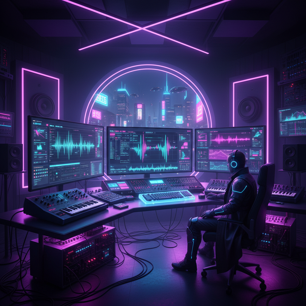 High-tech music studio with AI monitors