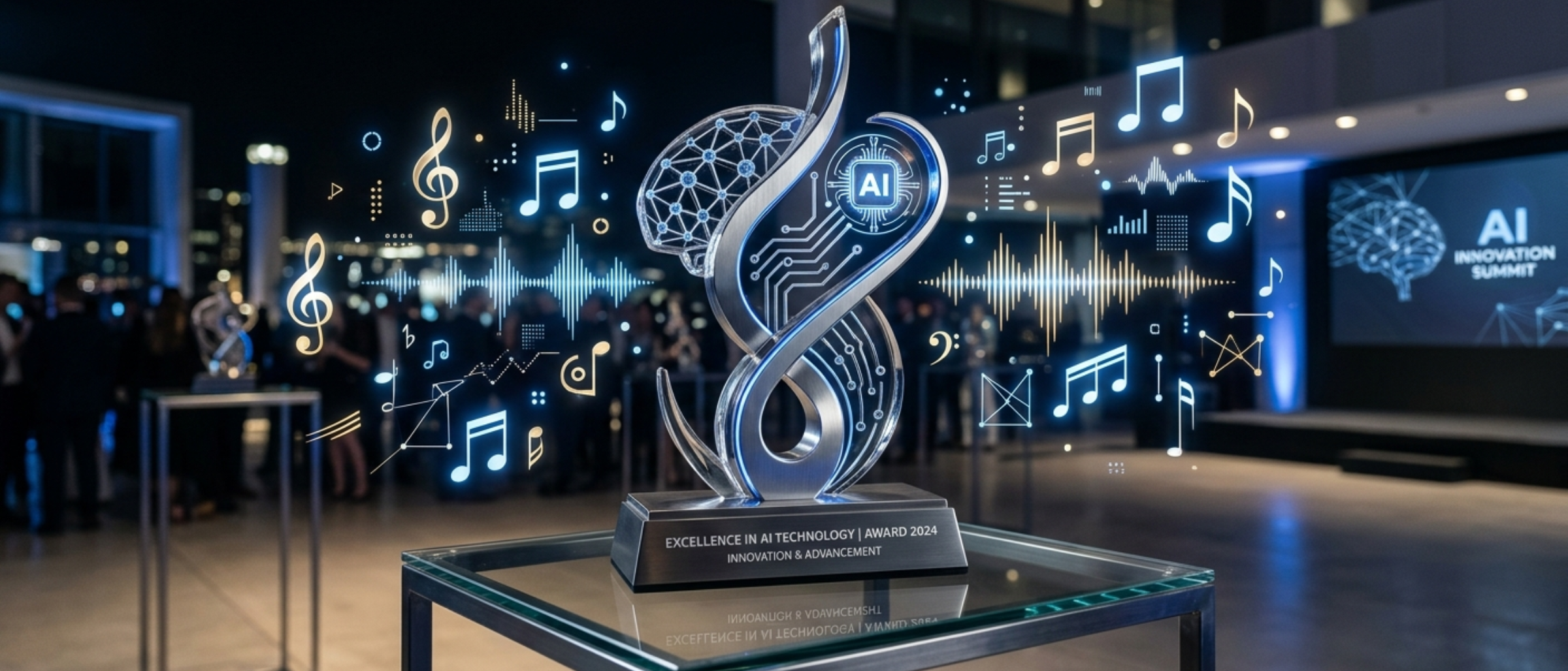 Sleek, modern trophy or award sitting on a glass pedestal