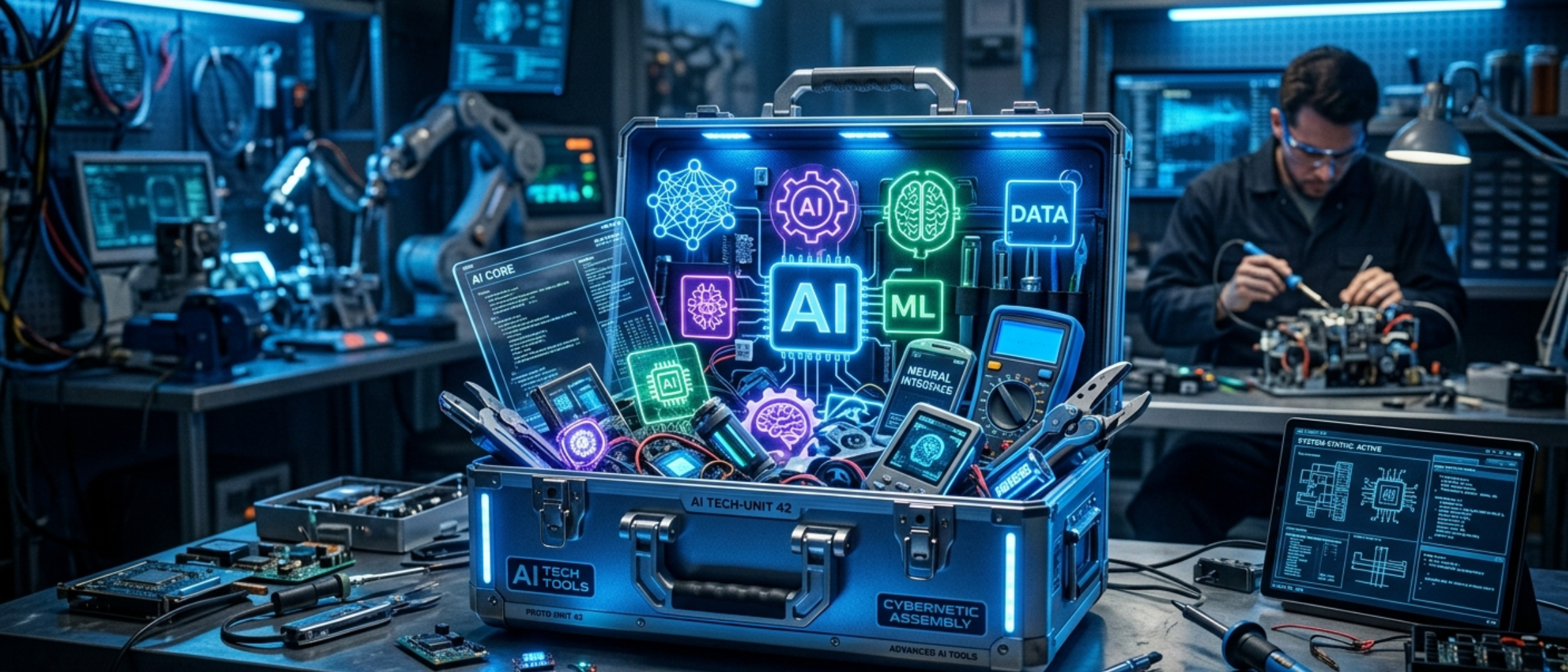 Futuristic toolbox overflowing with glowing AI icons and digital gadgets