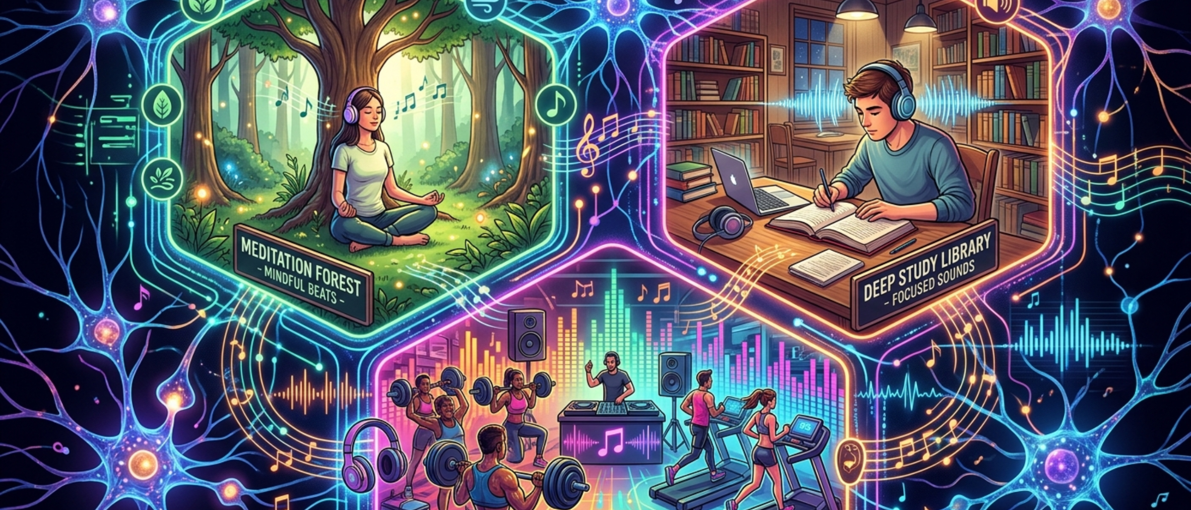 Collage of different music environments connected by digital neural networks