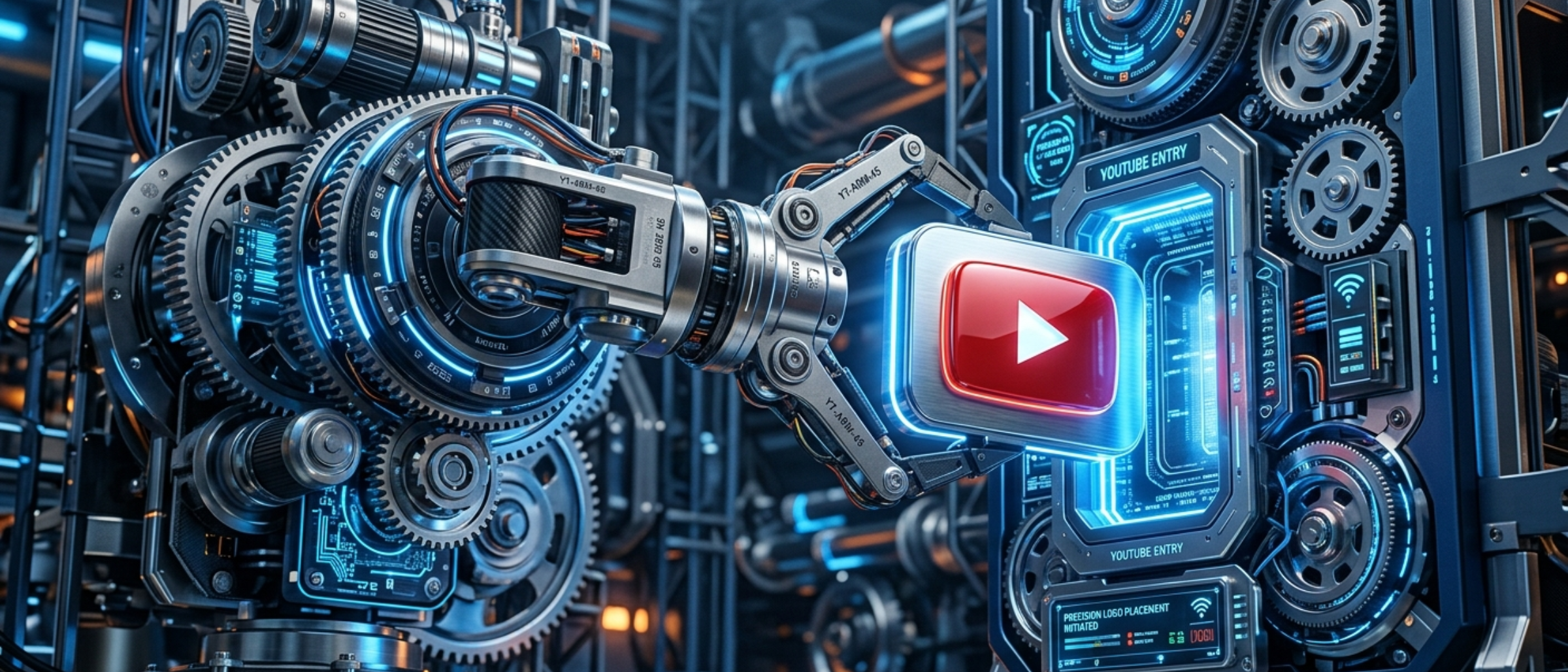 Mechanical arm precisely placing a YouTube logo into a digital slot