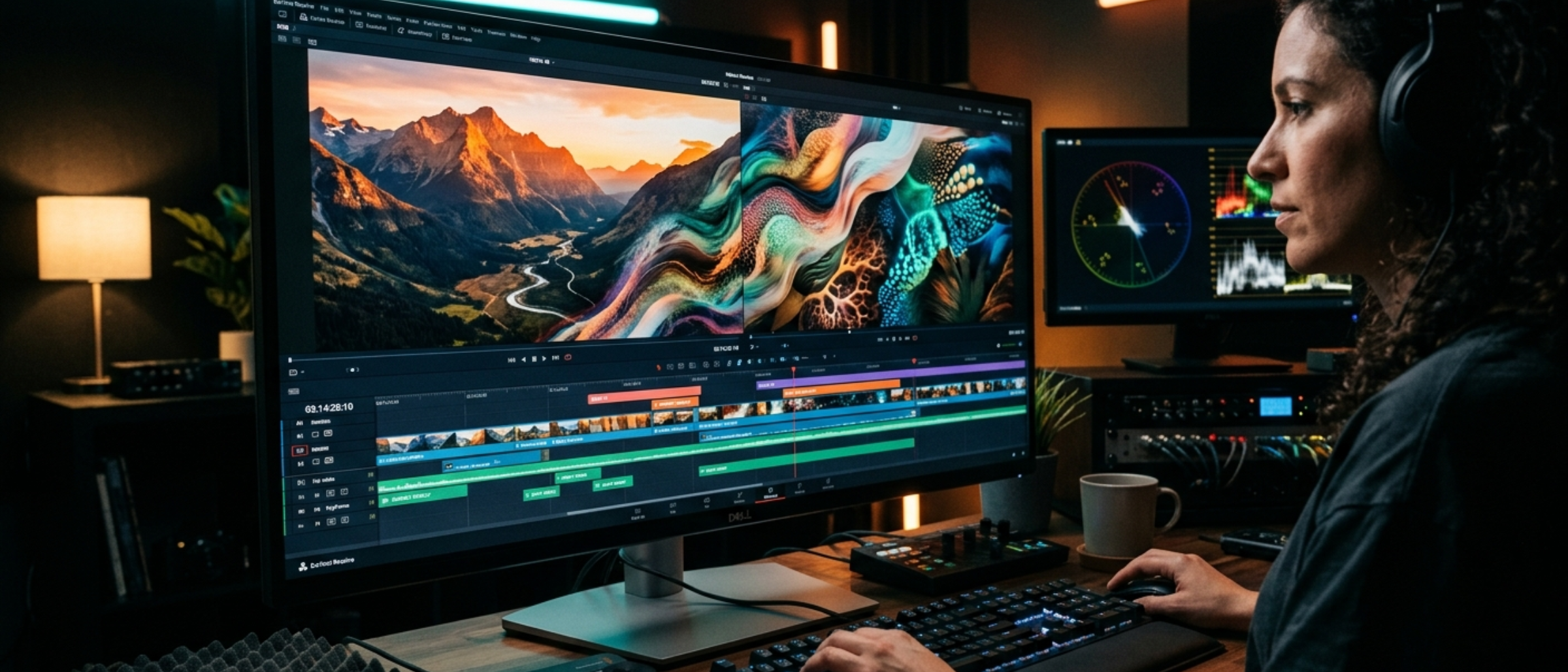Cinematic scene being rendered on a digital screen showing beautiful landscapes
