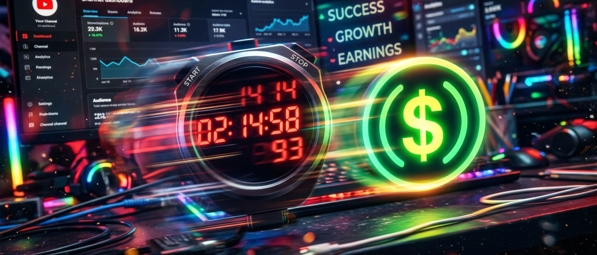 Fast-moving digital clock or stopwatch next to a glowing YouTube monetization icon