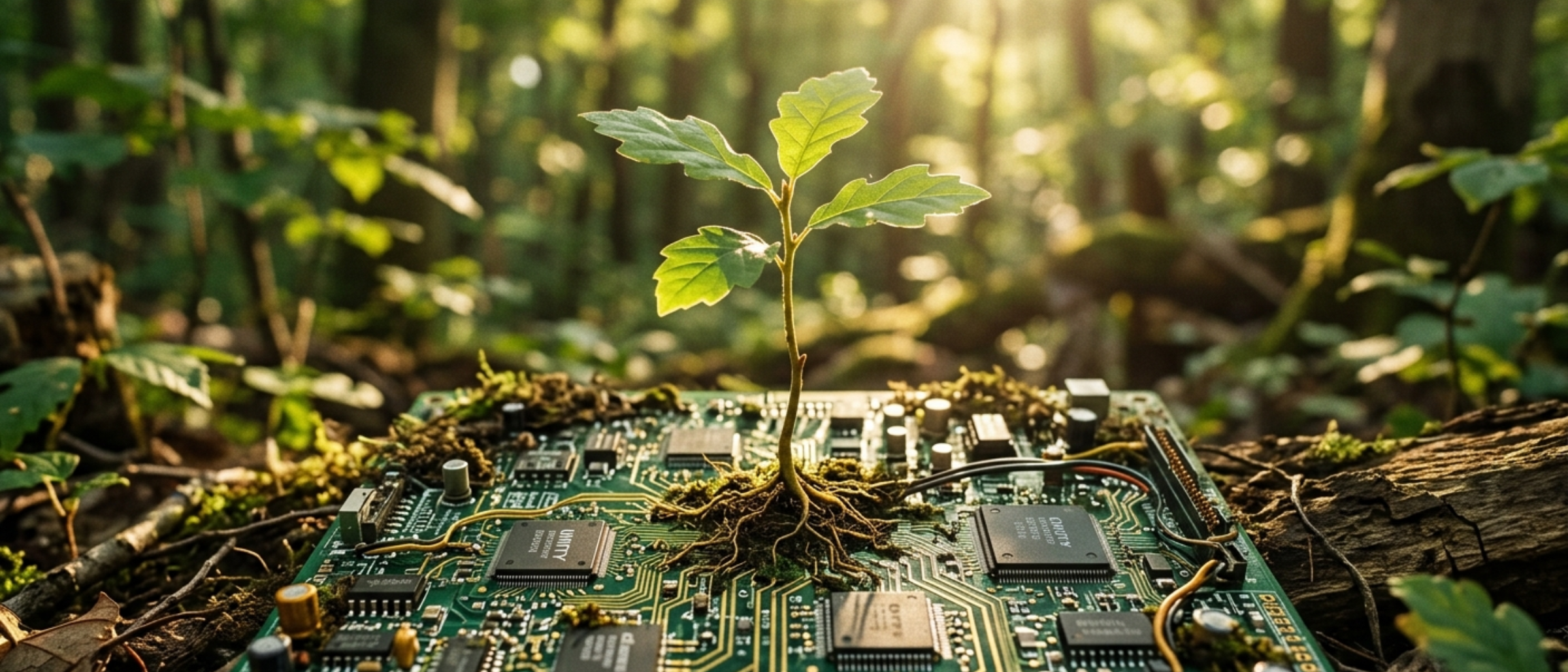Young sapling growing out of a digital circuit board
