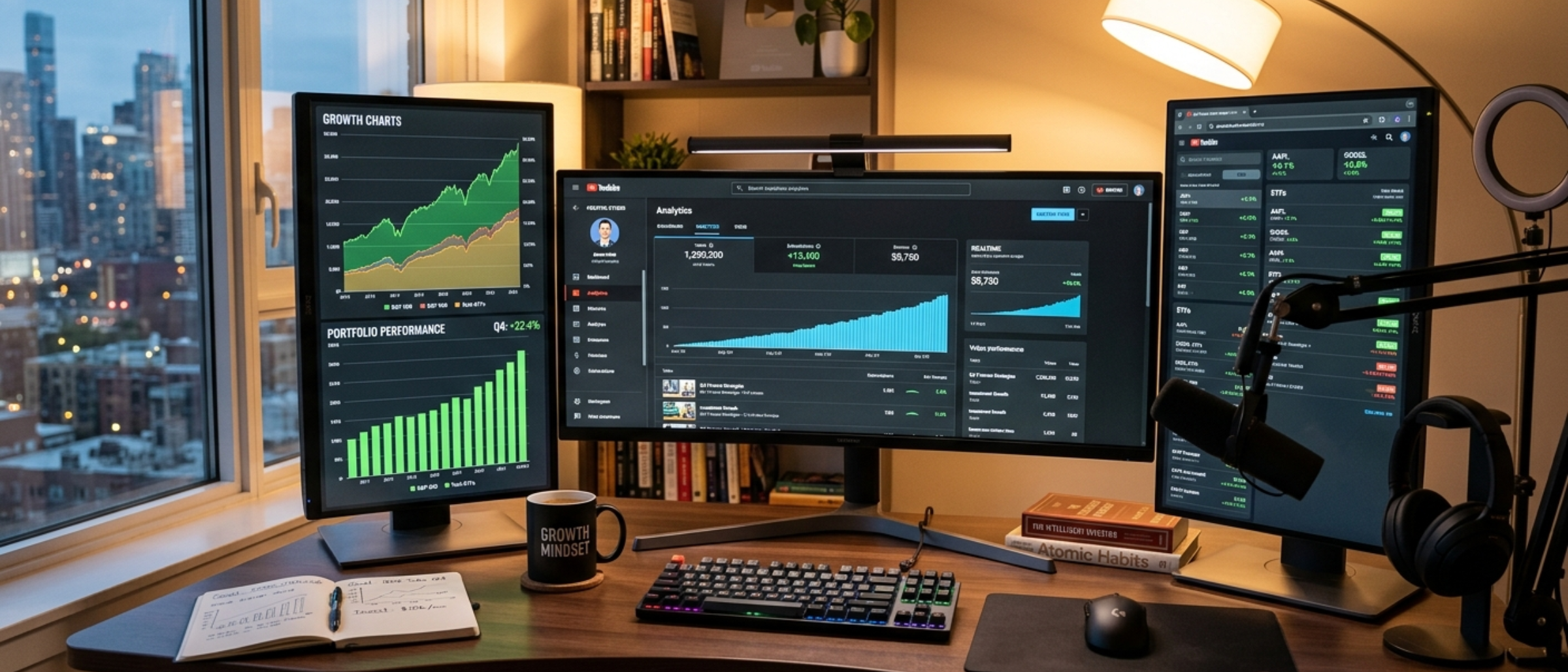 Professional desk with multiple monitors showing growth charts and YouTube analytics