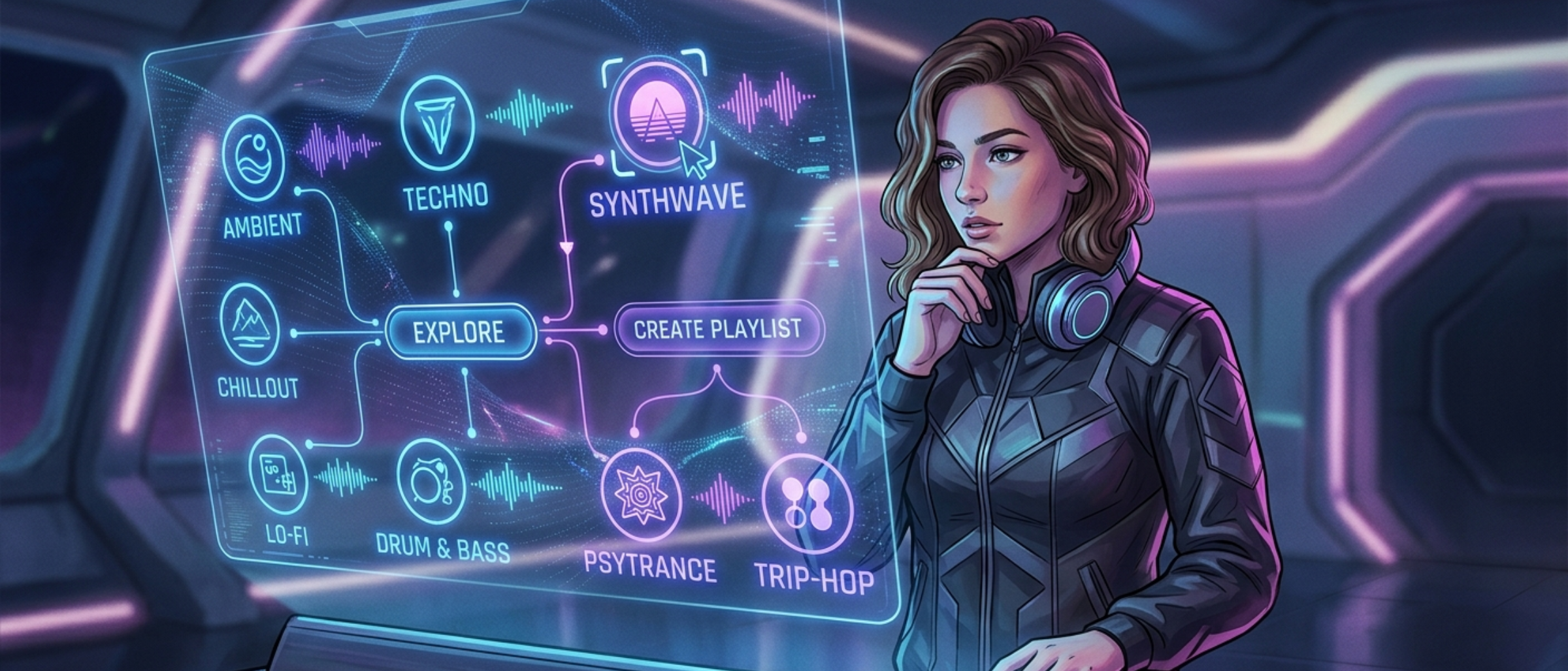 Person looking at a holographic dashboard of various music genres