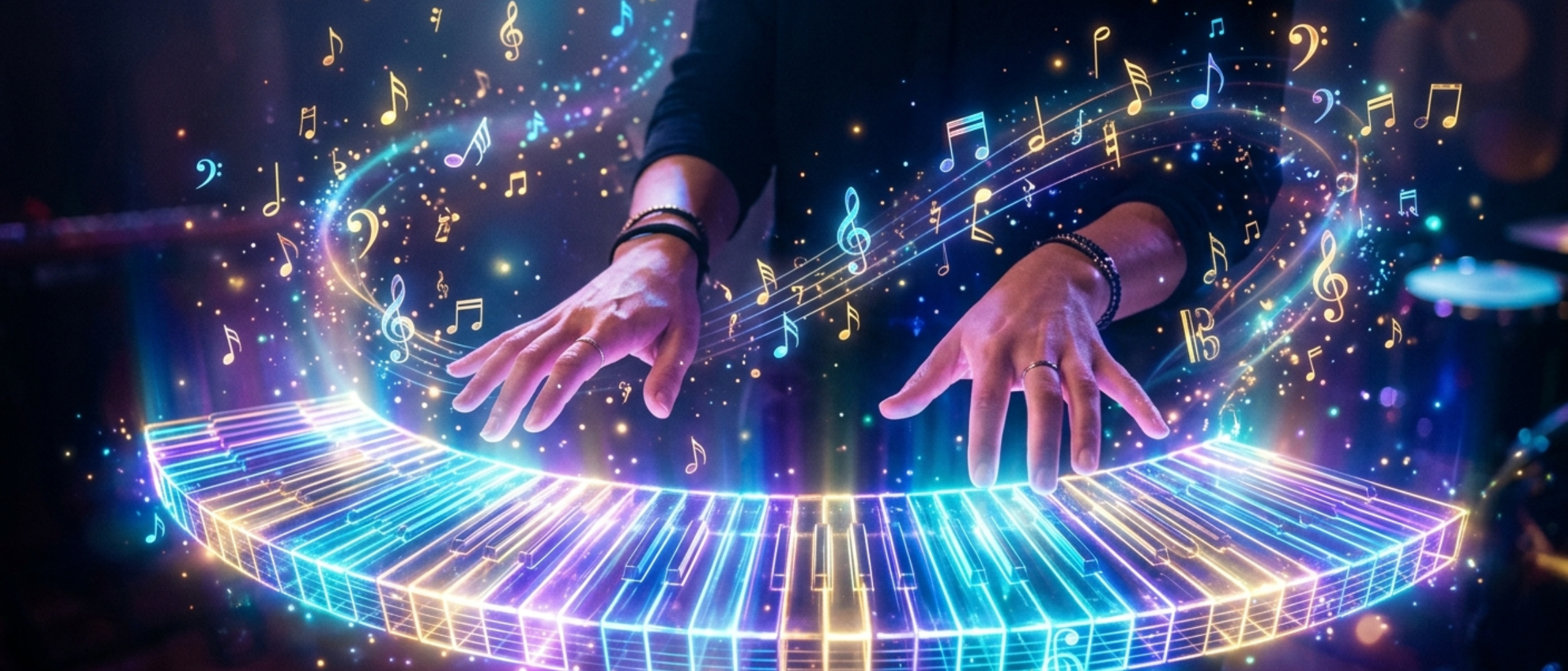 Person's hands hovering over a glowing musical keyboard made of light