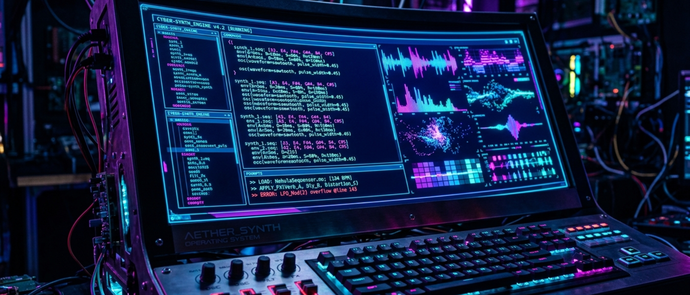 High-tech terminal showing musical code and text prompts