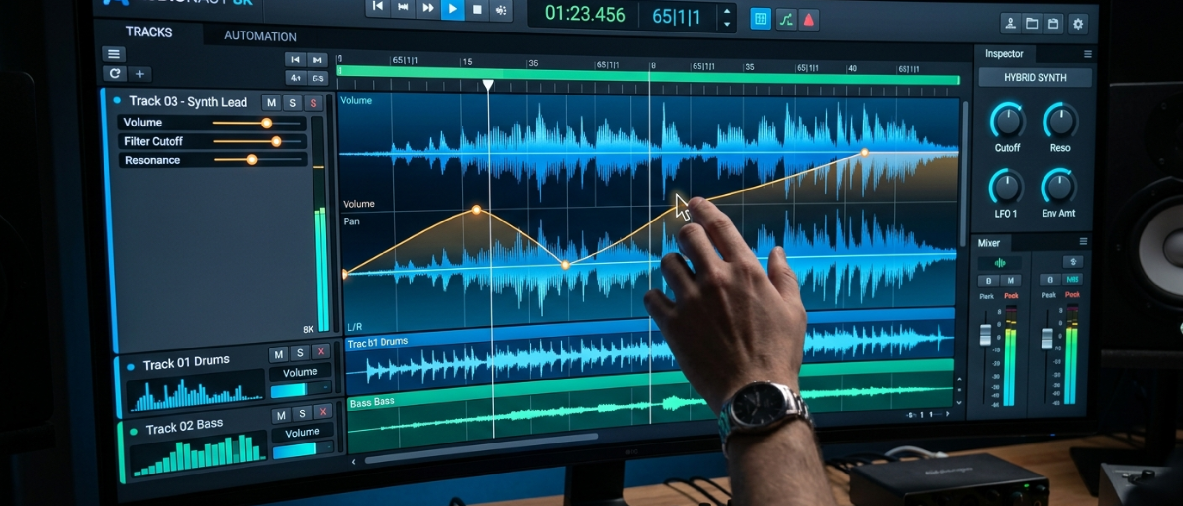 Sleek, modern software interface with advanced musical waveforms and automation nodes