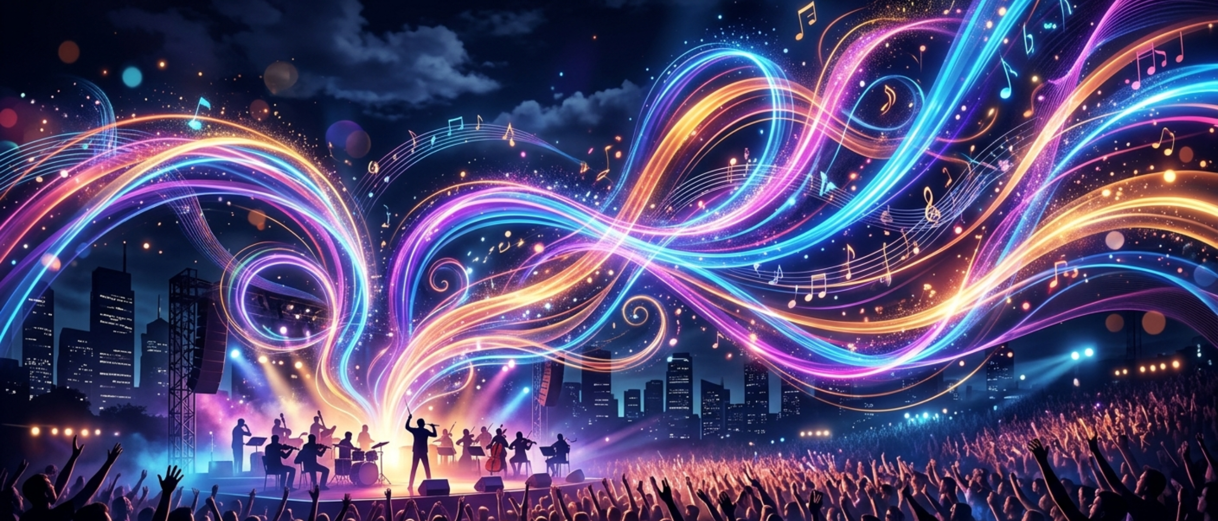 Vibrant and energetic musical composition visualized as flowing ribbons of light